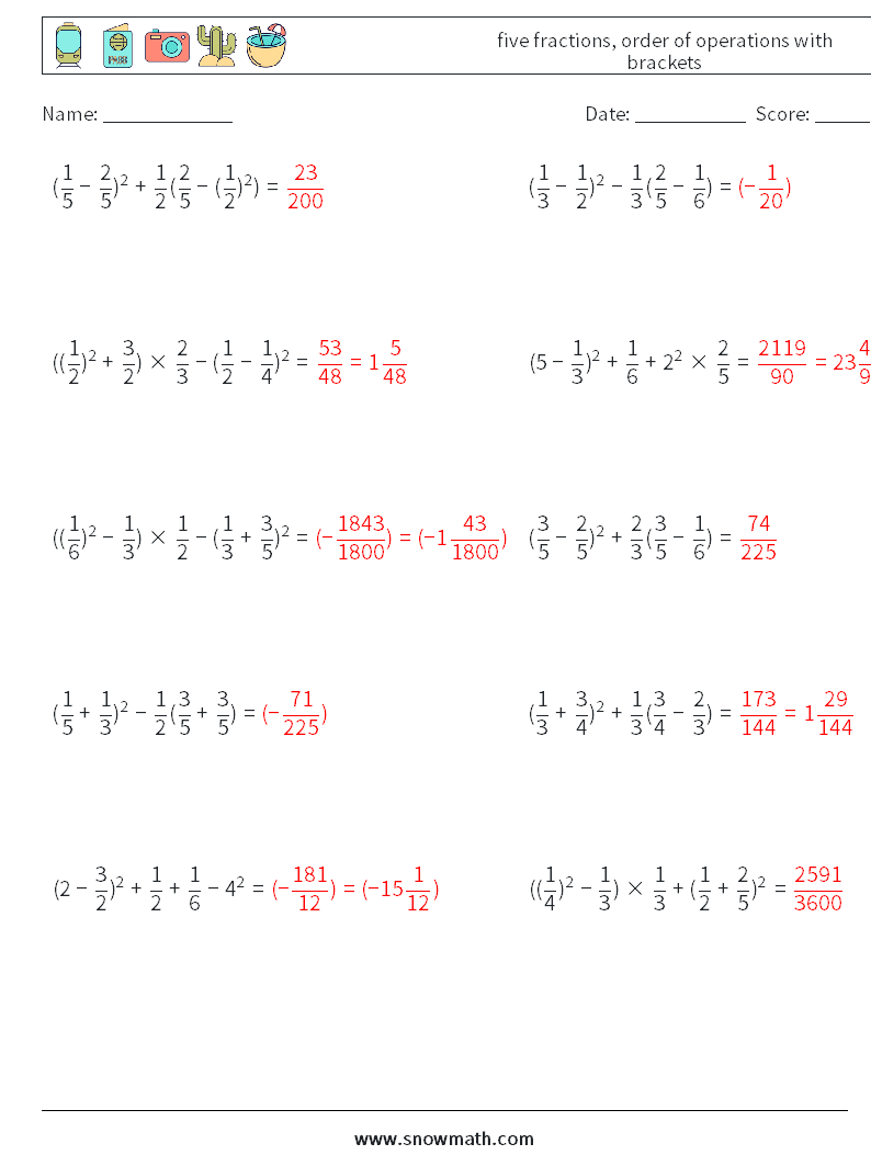 five fractions, order of operations with brackets Math Worksheets 8 Question, Answer