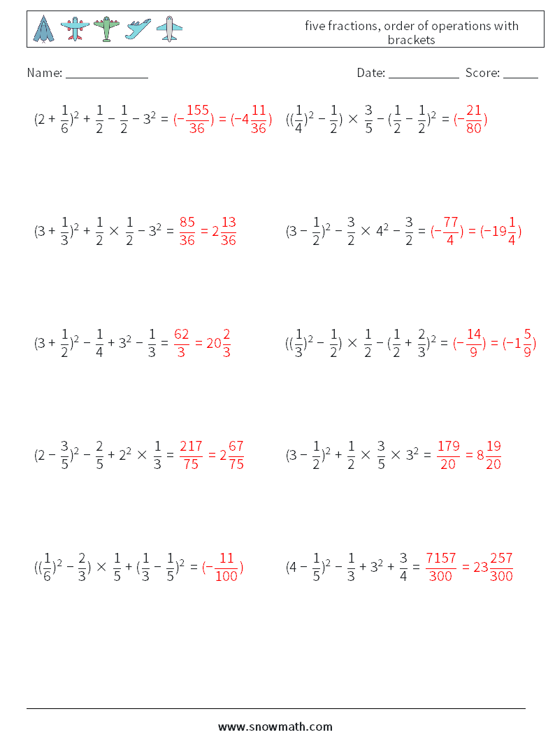 five fractions, order of operations with brackets Math Worksheets 9 Question, Answer