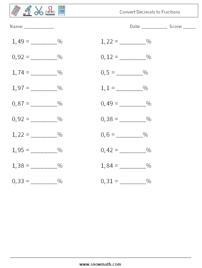 Convert Decimals to Fractions Math Worksheets 1