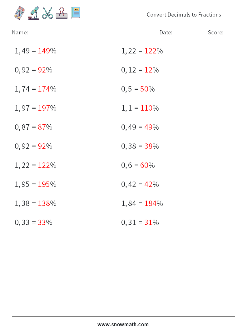 Convert Decimals to Fractions Math Worksheets 1 Question, Answer