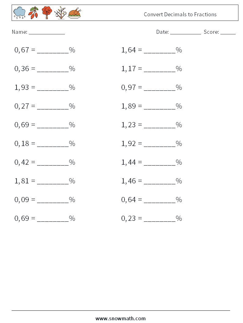 Convert Decimals to Fractions Math Worksheets 2