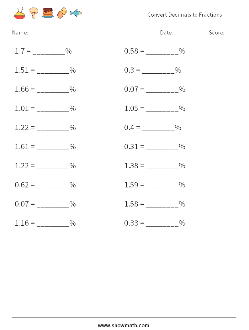 Convert Decimals to Fractions Math Worksheets 3