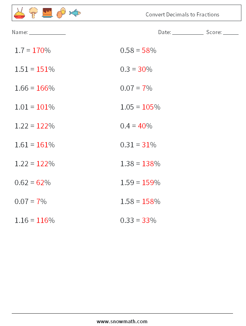 Convert Decimals to Fractions Math Worksheets 3 Question, Answer