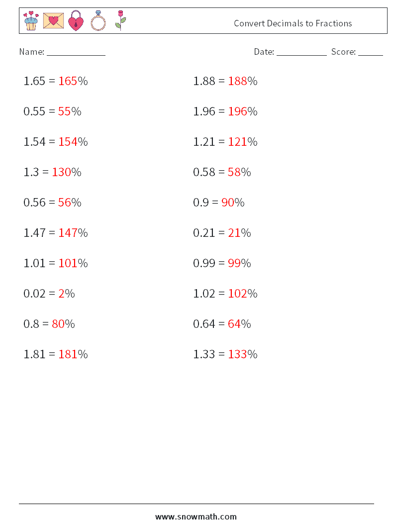 Convert Decimals to Fractions Math Worksheets 4 Question, Answer