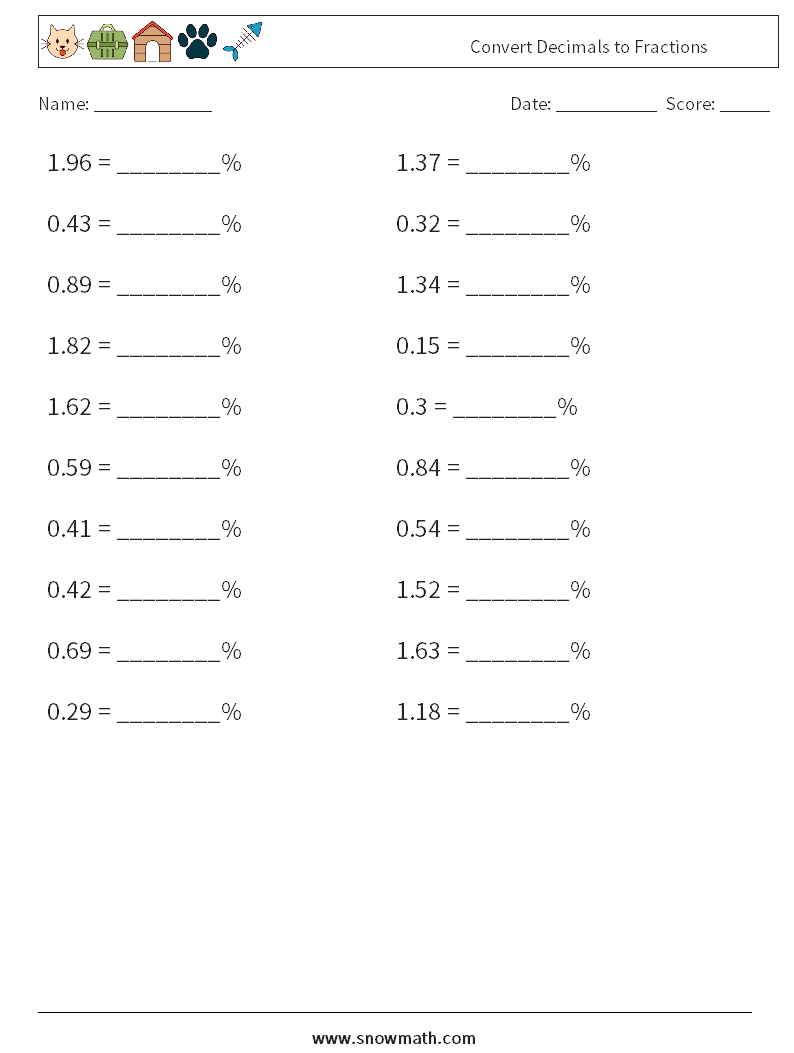 Convert Decimals to Fractions Math Worksheets 5