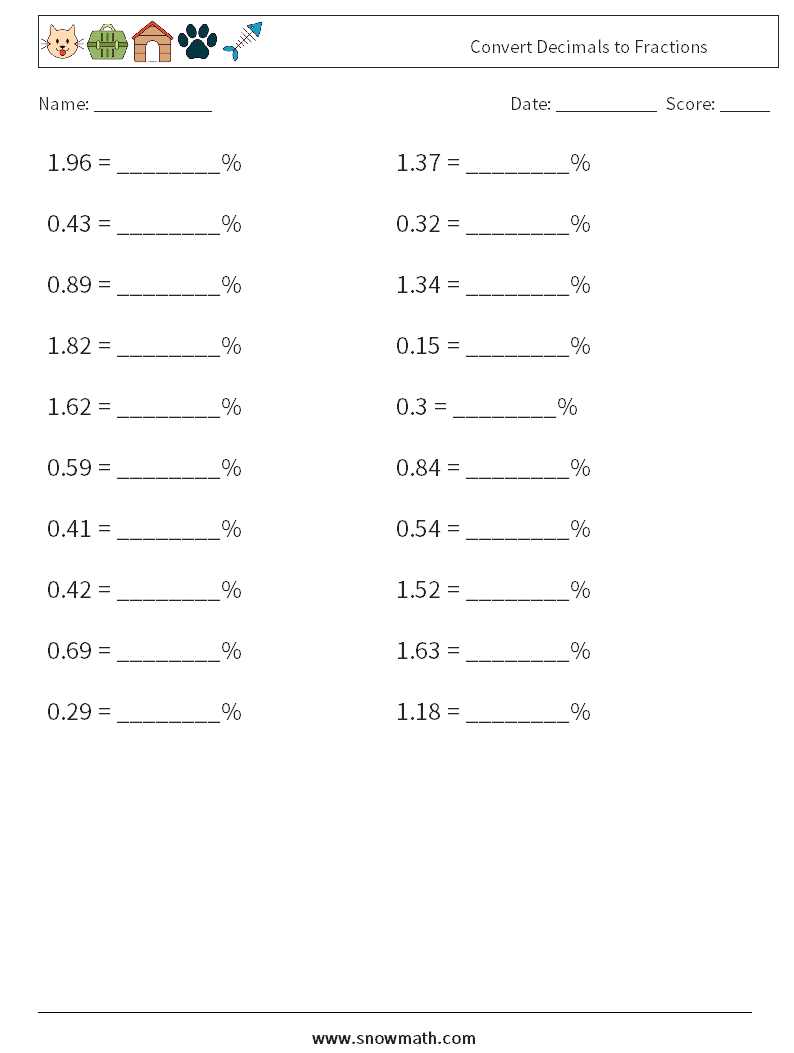 Convert Decimals to Fractions Maths Worksheets 5