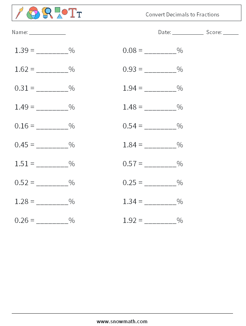 Convert Decimals to Fractions Maths Worksheets 6