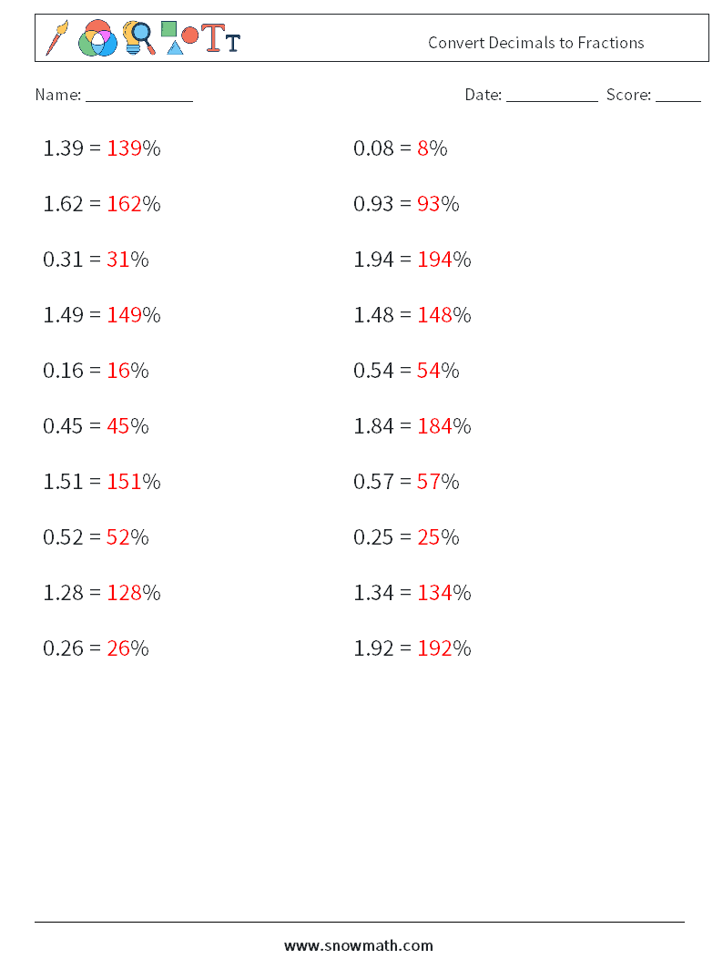 Convert Decimals to Fractions Math Worksheets 6 Question, Answer