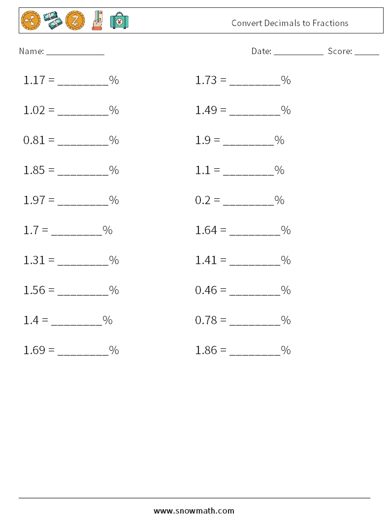 Convert Decimals to Fractions Maths Worksheets 7