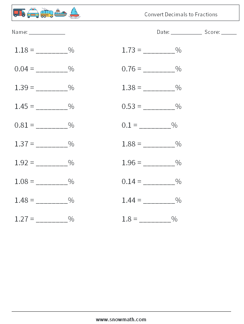 Convert Decimals to Fractions Math Worksheets 8