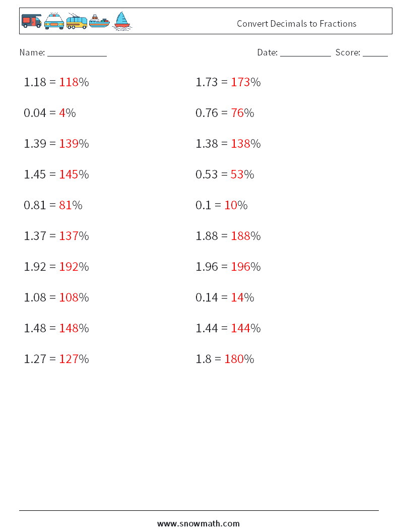 Convert Decimals to Fractions Math Worksheets 8 Question, Answer