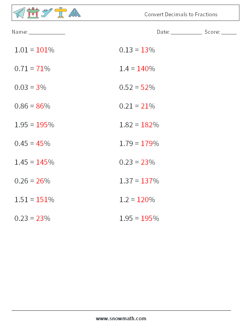Convert Decimals to Fractions Math Worksheets 9 Question, Answer