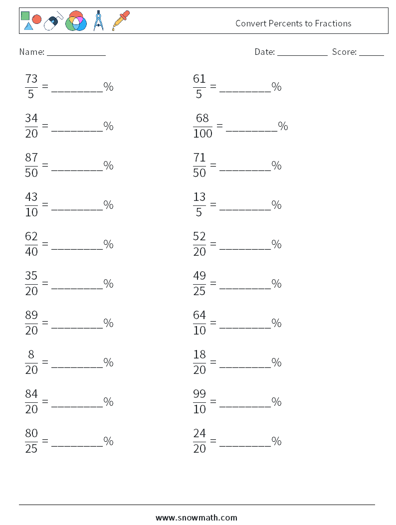 Convert Percents to Fractions  Maths Worksheets 1