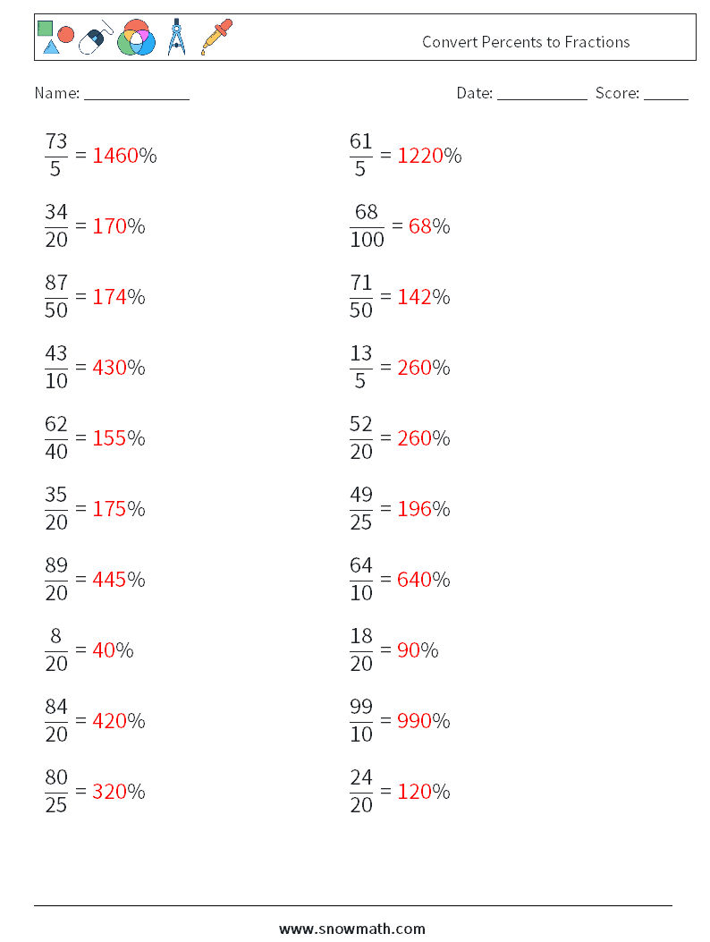 Convert Percents to Fractions  Math Worksheets 1 Question, Answer