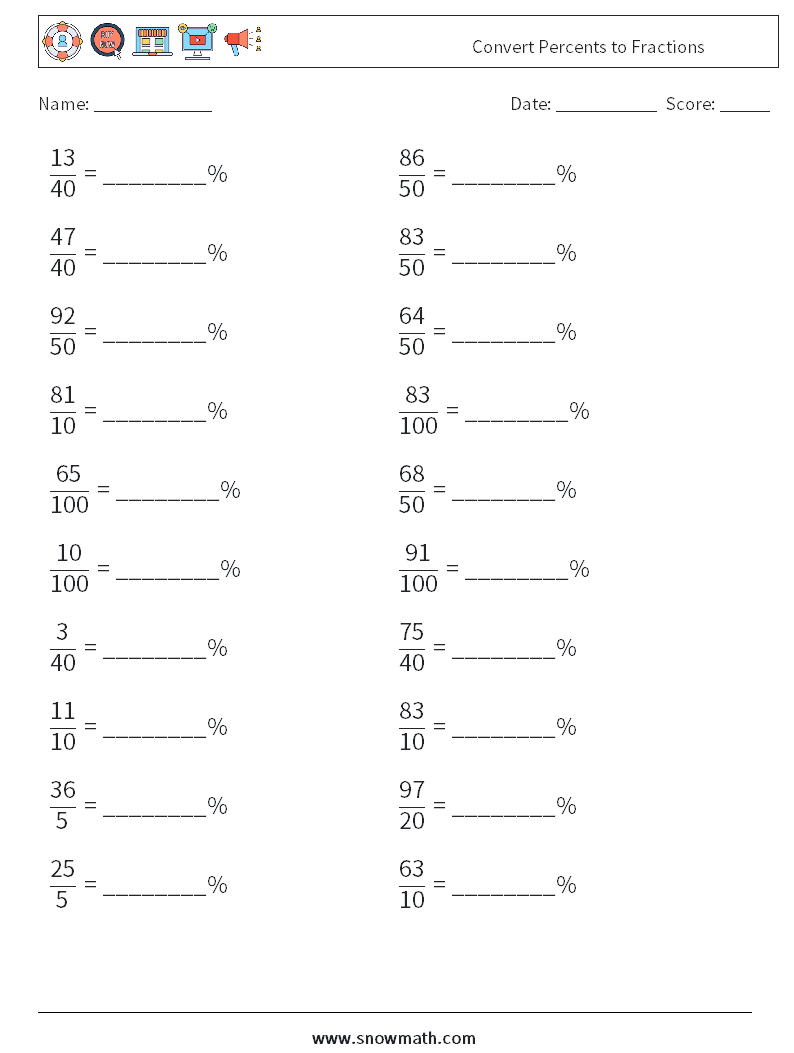 Convert Percents to Fractions  Math Worksheets 3