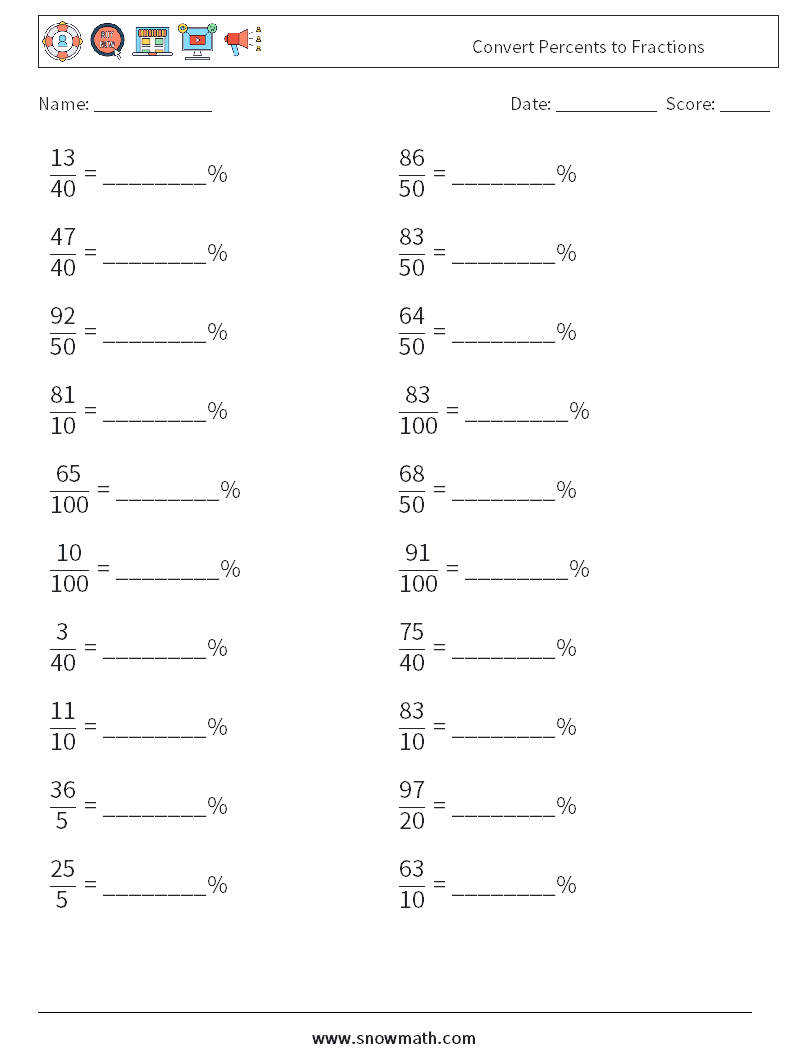 Convert Percents to Fractions  Maths Worksheets 3