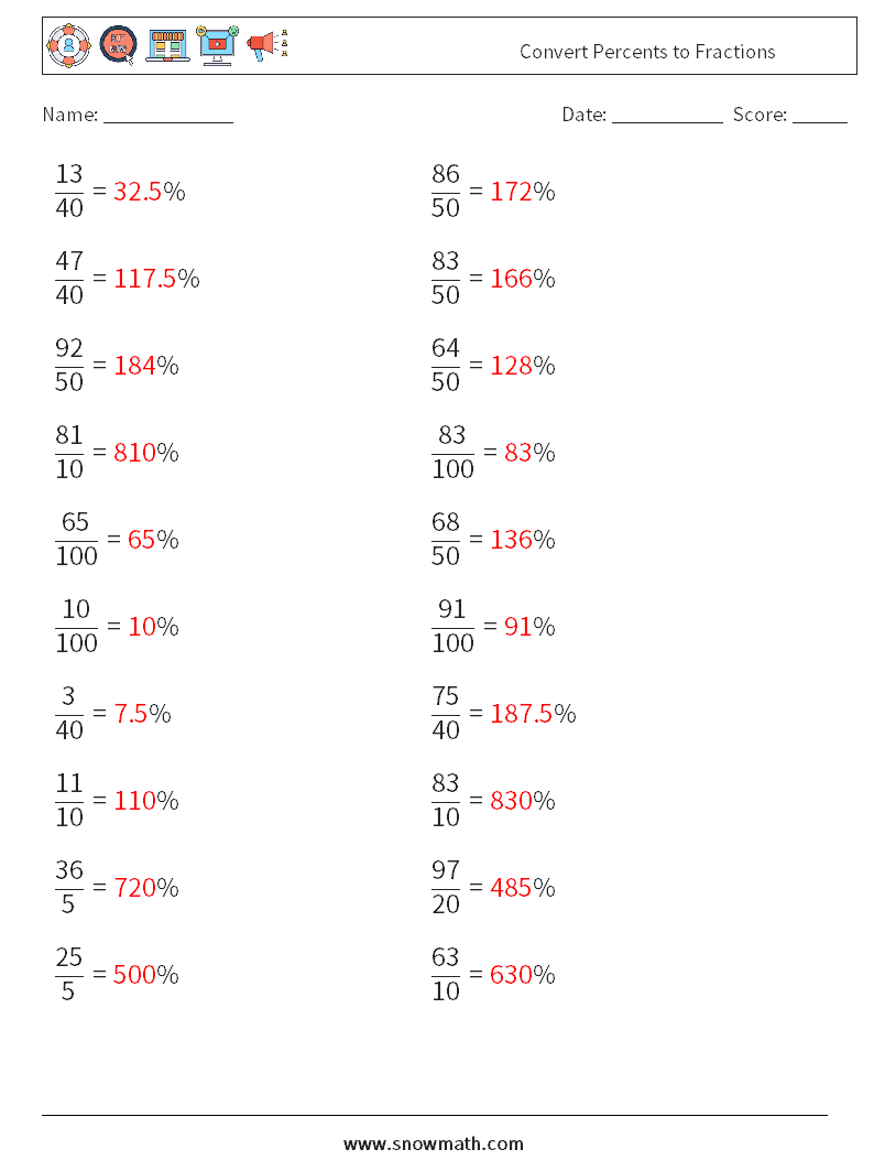 Convert Percents to Fractions  Math Worksheets 3 Question, Answer