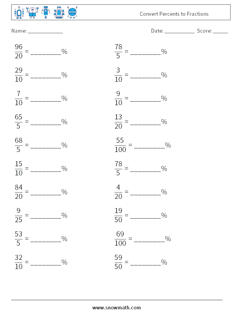Convert Percents to Fractions  Maths Worksheets 4