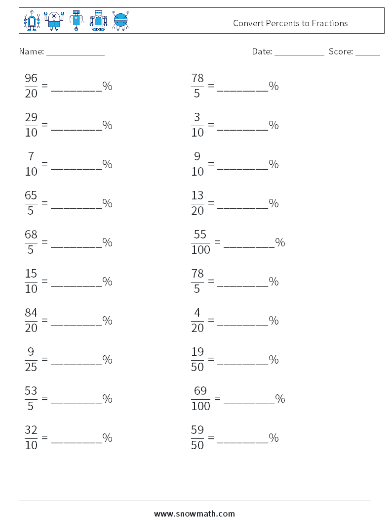 Convert Percents to Fractions  Math Worksheets 4