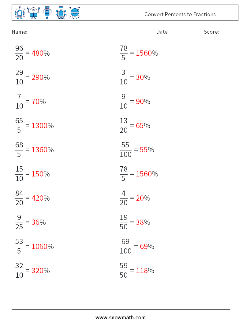 Convert Percents to Fractions  Math Worksheets 4 Question, Answer