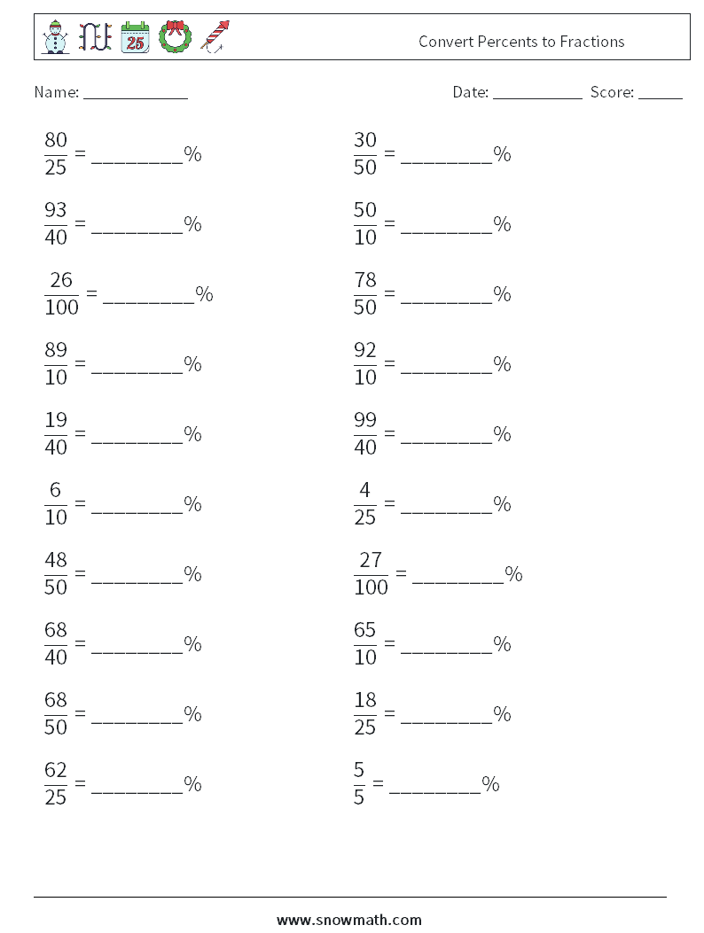 Convert Percents to Fractions  Math Worksheets 5