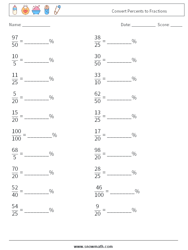 Convert Percents to Fractions  Math Worksheets 6