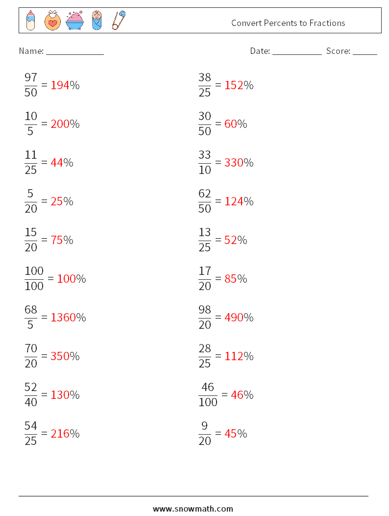 Convert Percents to Fractions  Math Worksheets 6 Question, Answer