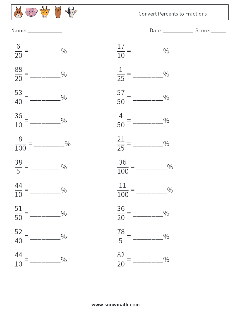 Convert Percents to Fractions  Maths Worksheets 7