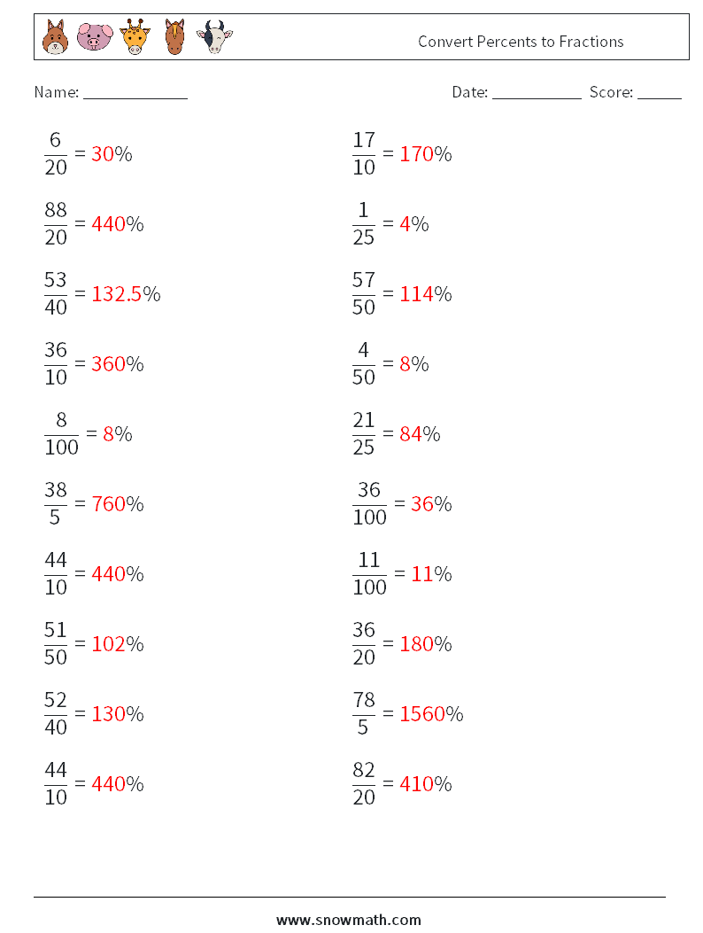 Convert Percents to Fractions  Math Worksheets 7 Question, Answer