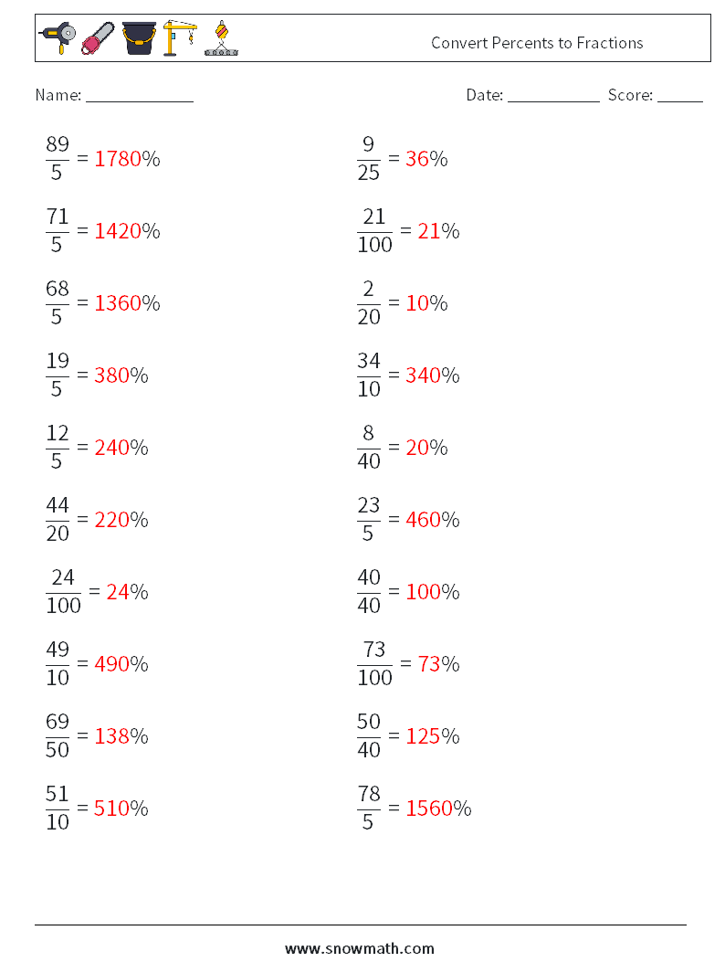Convert Percents to Fractions  Math Worksheets 8 Question, Answer