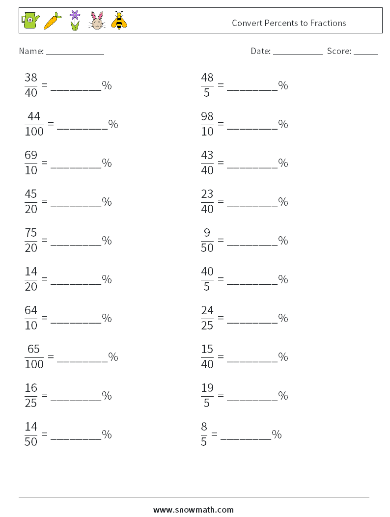 Convert Percents to Fractions  Maths Worksheets 9