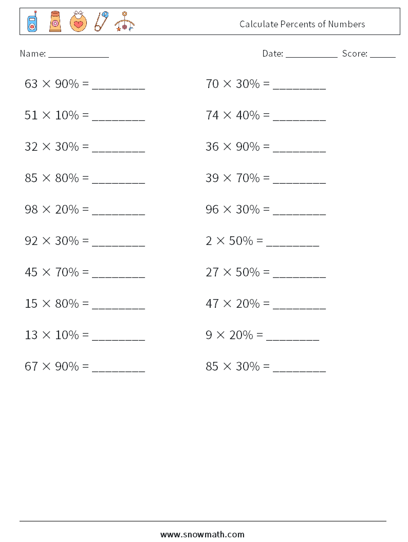 Calculate Percents of Numbers Math Worksheets 1