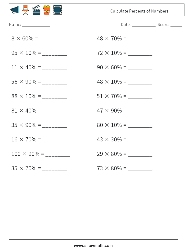 Calculate Percents of Numbers Math Worksheets 4