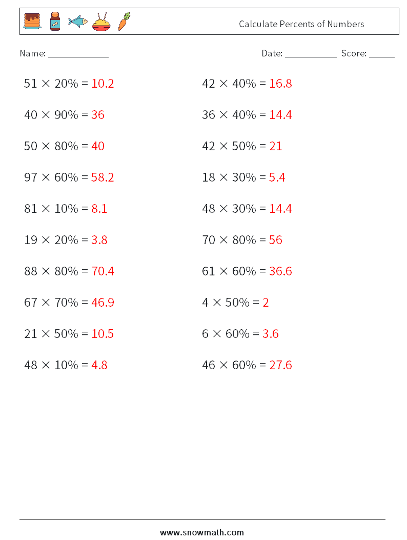 Calculate Percents of Numbers Math Worksheets 5 Question, Answer