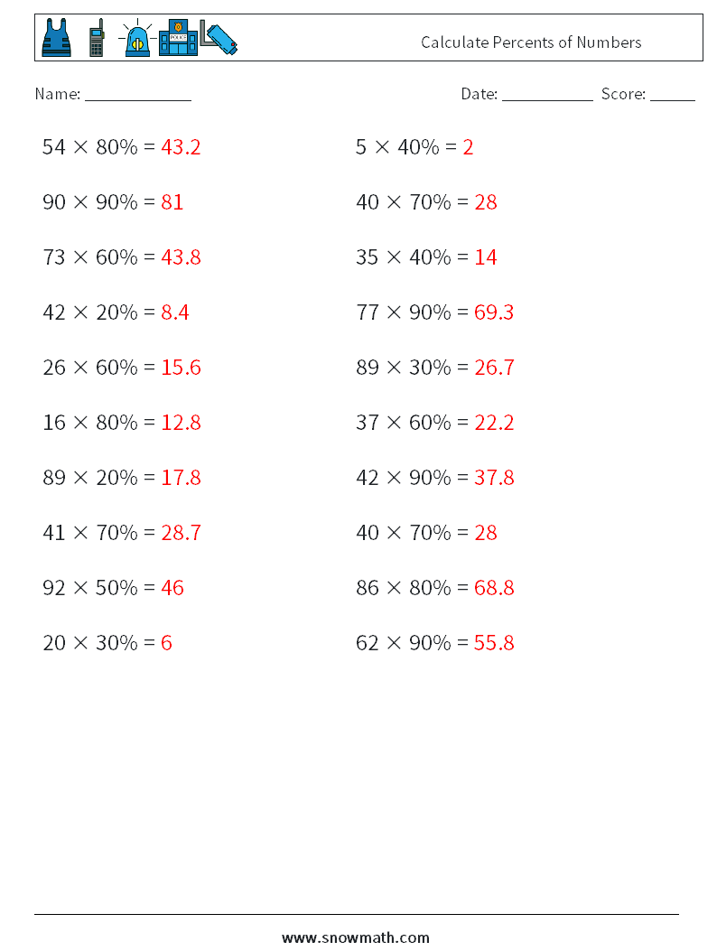 Calculate Percents of Numbers Math Worksheets 6 Question, Answer