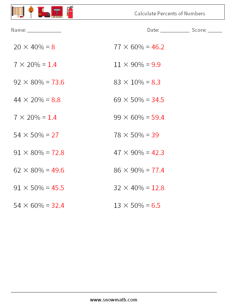 Calculate Percents of Numbers Math Worksheets 8 Question, Answer