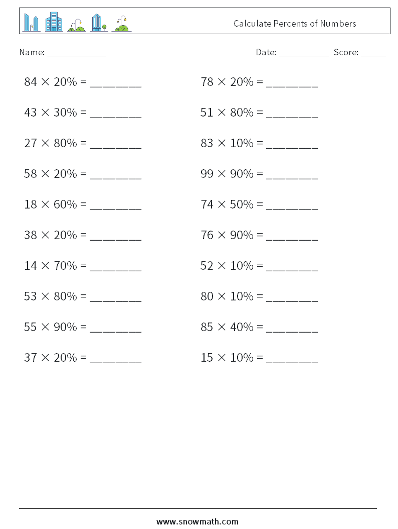 Calculate Percents of Numbers Math Worksheets 9