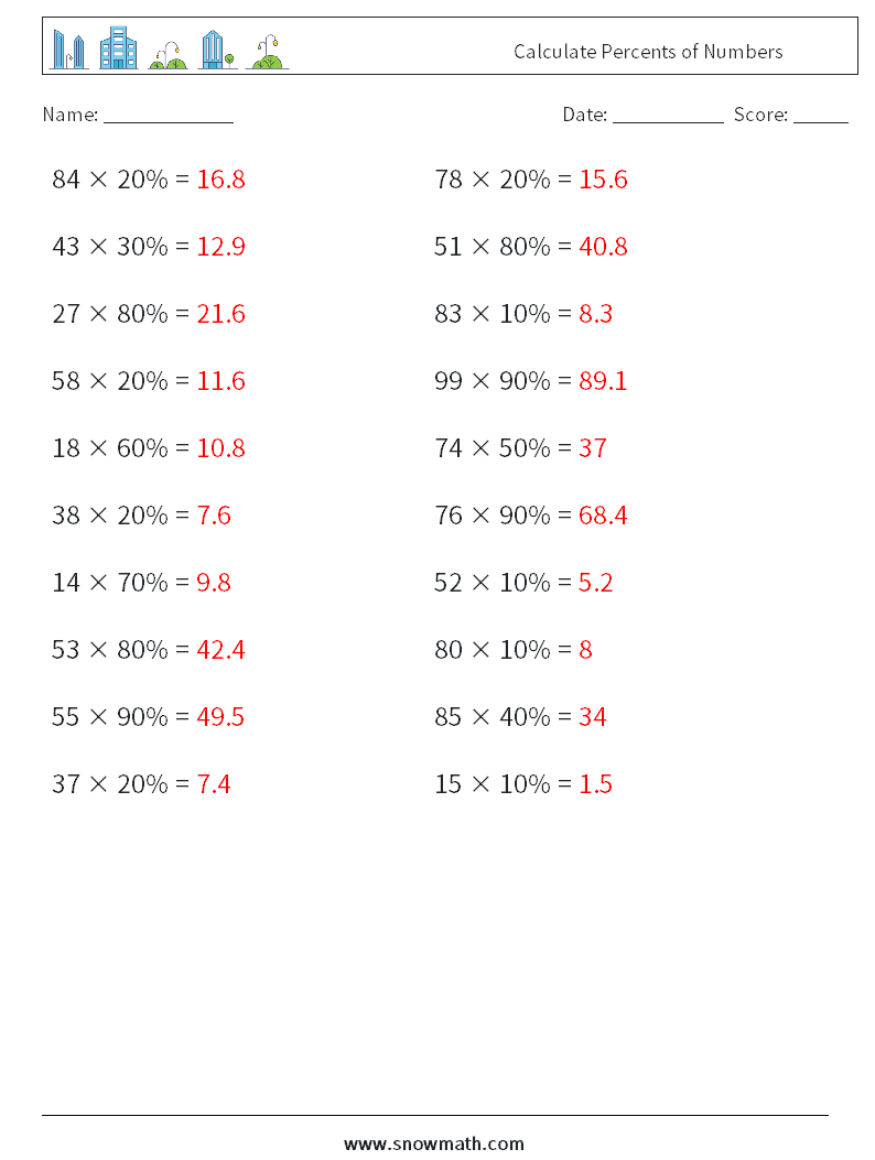 Calculate Percents of Numbers Math Worksheets 9 Question, Answer