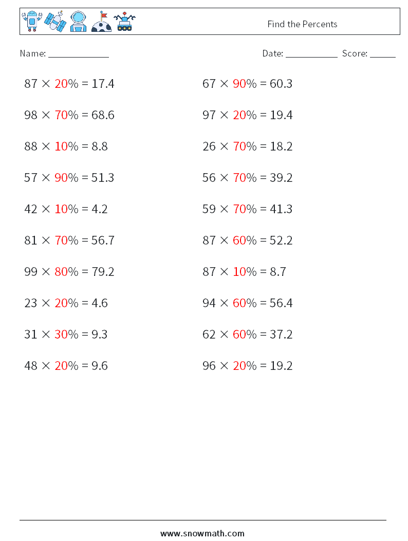 Find the Percents Math Worksheets 1 Question, Answer