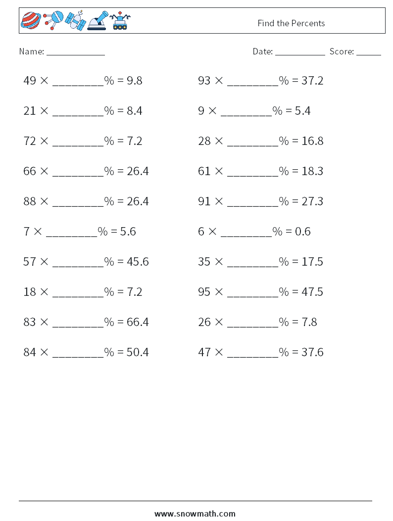 Find the Percents Math Worksheets 2