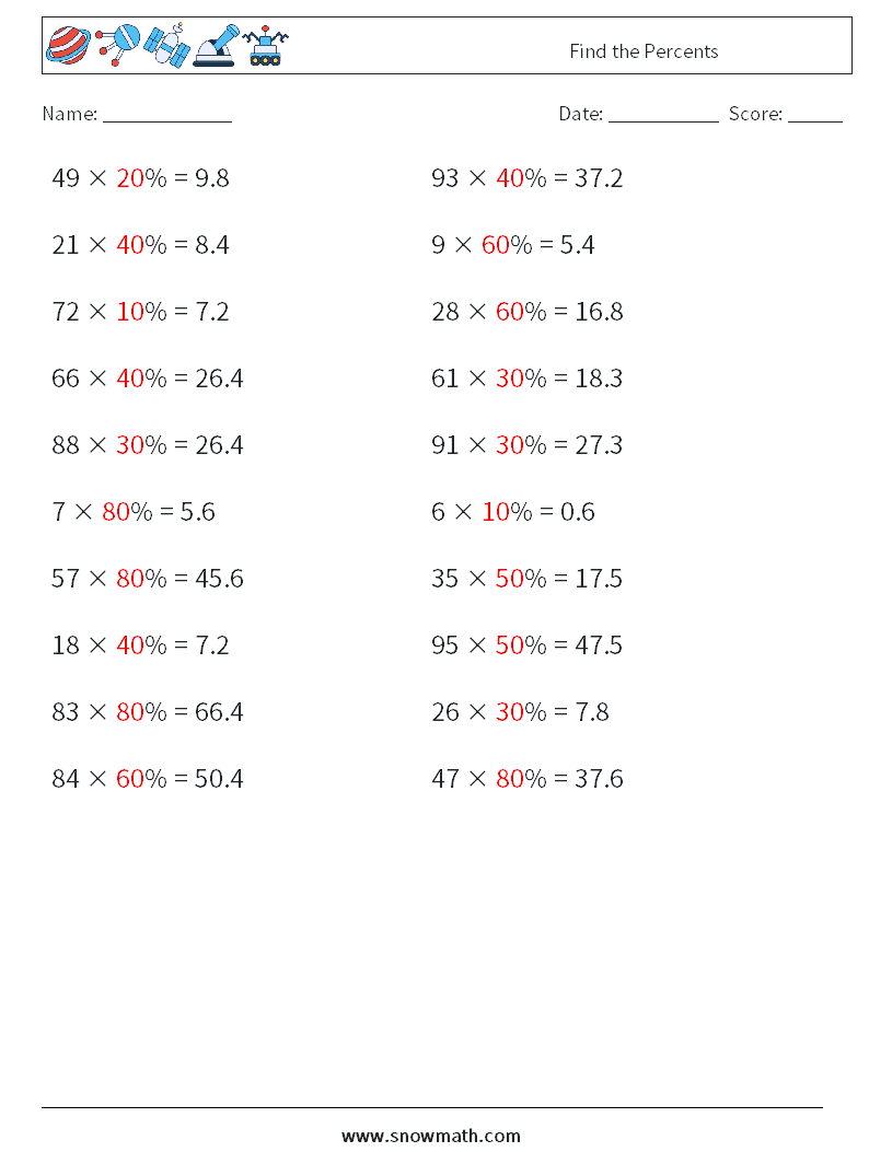 Find the Percents Math Worksheets 2 Question, Answer