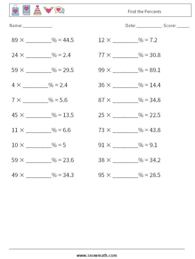 Find the Percents Maths Worksheets 3