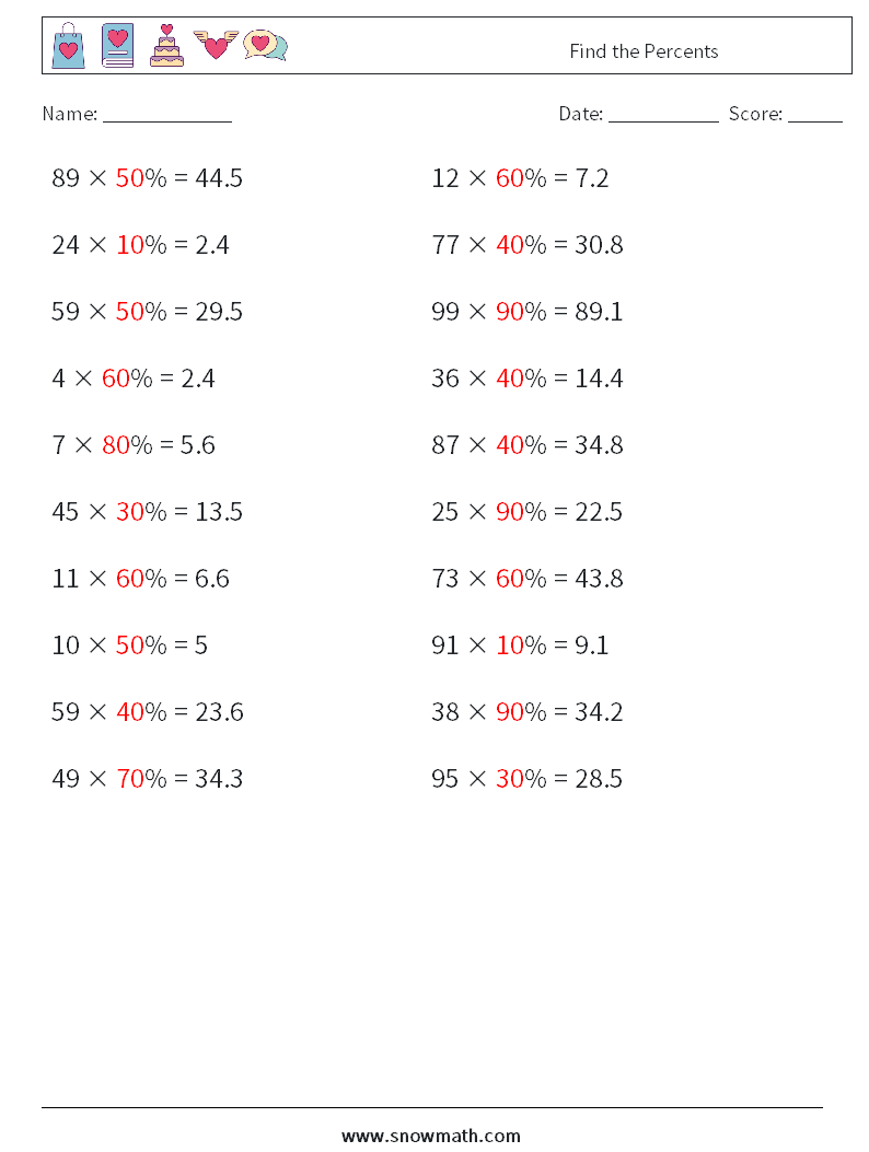 Find the Percents Math Worksheets 3 Question, Answer