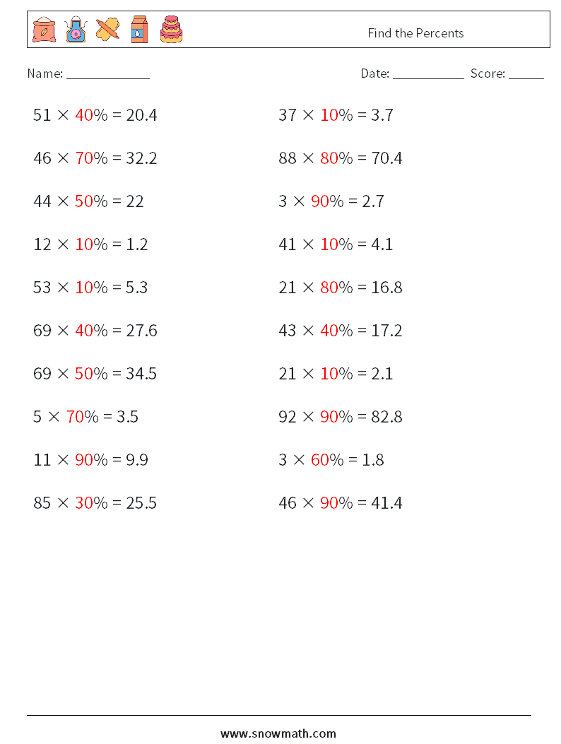 Find the Percents Math Worksheets 4 Question, Answer