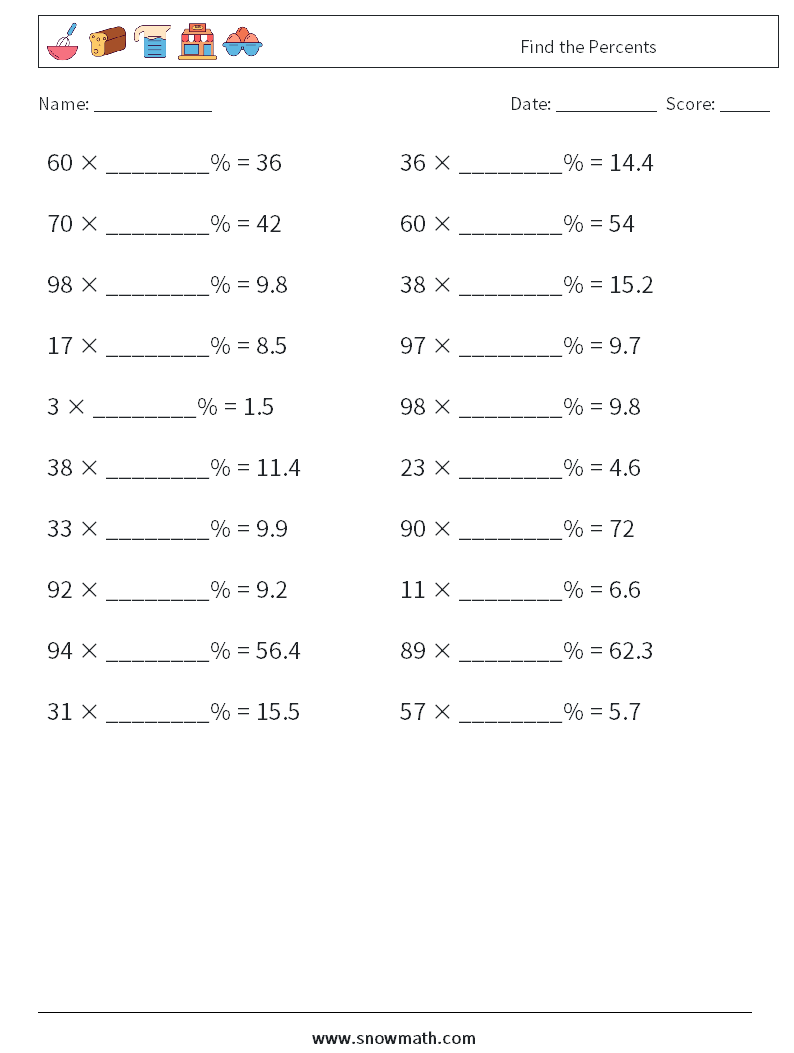 Find the Percents Maths Worksheets 5