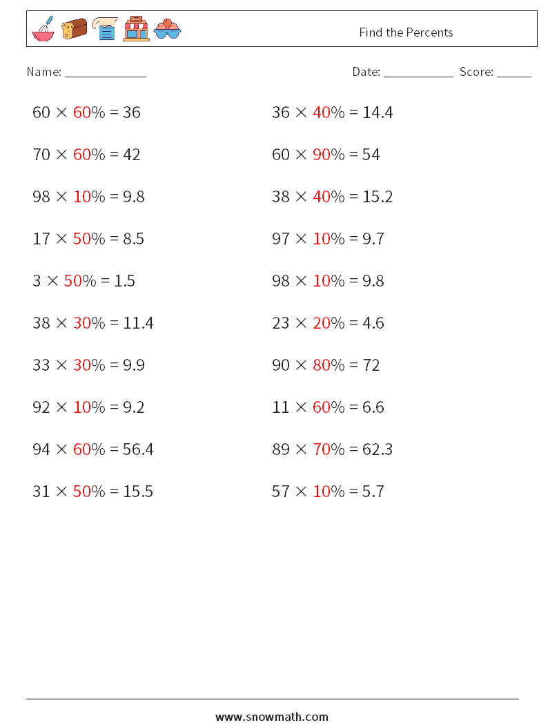 Find the Percents Math Worksheets 5 Question, Answer