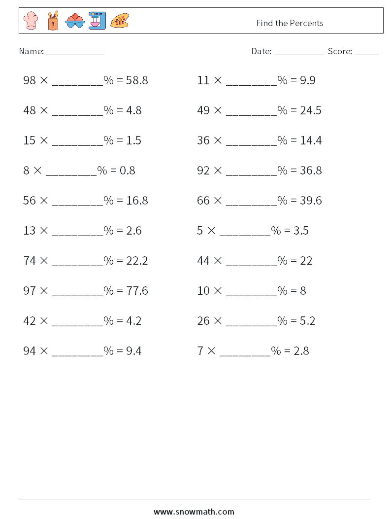 Find the Percents Maths Worksheets 6