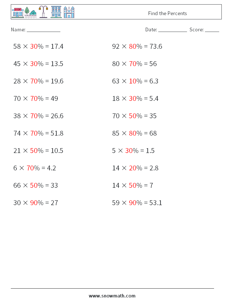 Find the Percents Math Worksheets 7 Question, Answer