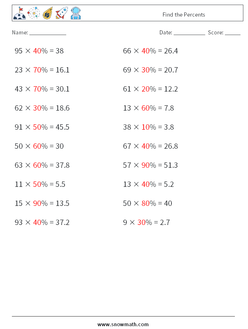 Find the Percents Math Worksheets 8 Question, Answer
