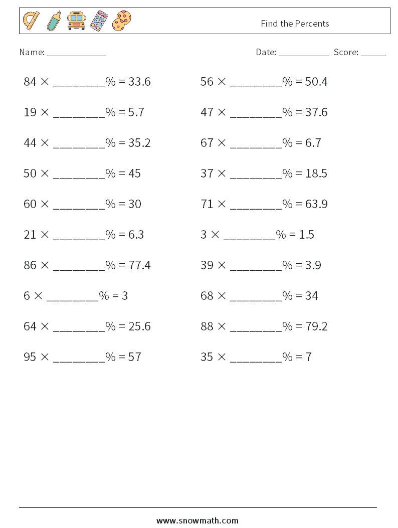 Find the Percents Maths Worksheets 9